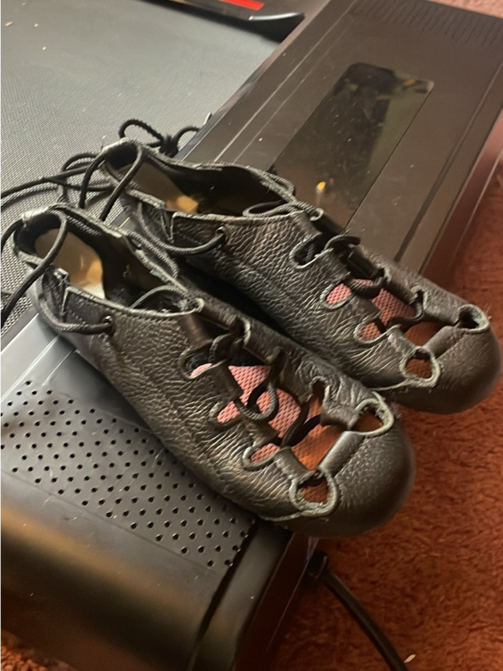 Kids size 13 Black Leather Lace-Up Dance Flats with Pink Accent